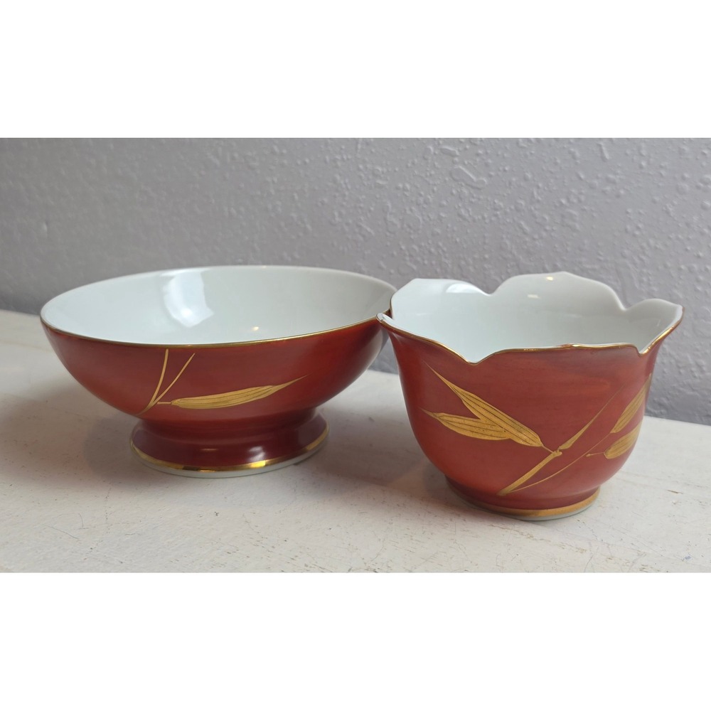 Vintage Fitz & Floyd Red Footed Bowl Gold‎ Trim & Small Lotus Bowl Gold Bamboo